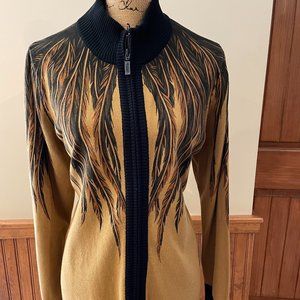 Bob Mackie Wearable Art:  Tan & Black Sweater, Zippered Front, Size L